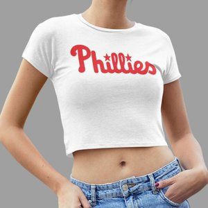 NEW Philadelphia Phillies Script Team Color Pop Form Fit Crop Top Shirt WHITE